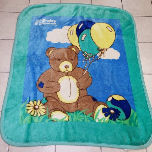 Original San Marcos Vintage Baby Blanket Cobija Teddy Bear Balloons 42 X 50 Tag - Picture 1 of 8